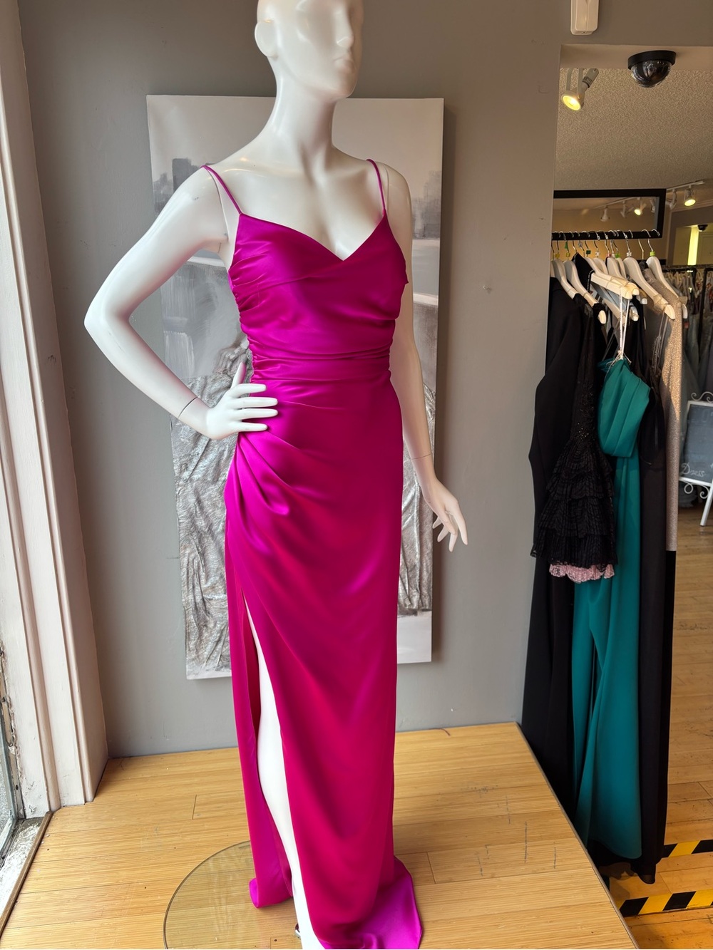 Tarik Ediz Fuchsia Satin Spaghetti-Strap Maxi Gown
